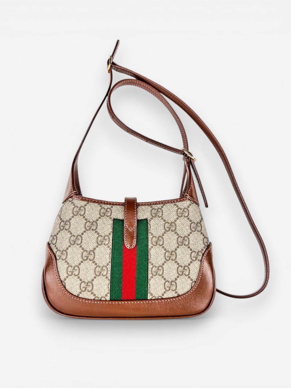 Gucci Jackie 1961 Mini GG Supreme Canvas Brown Web Stripe Bag | New