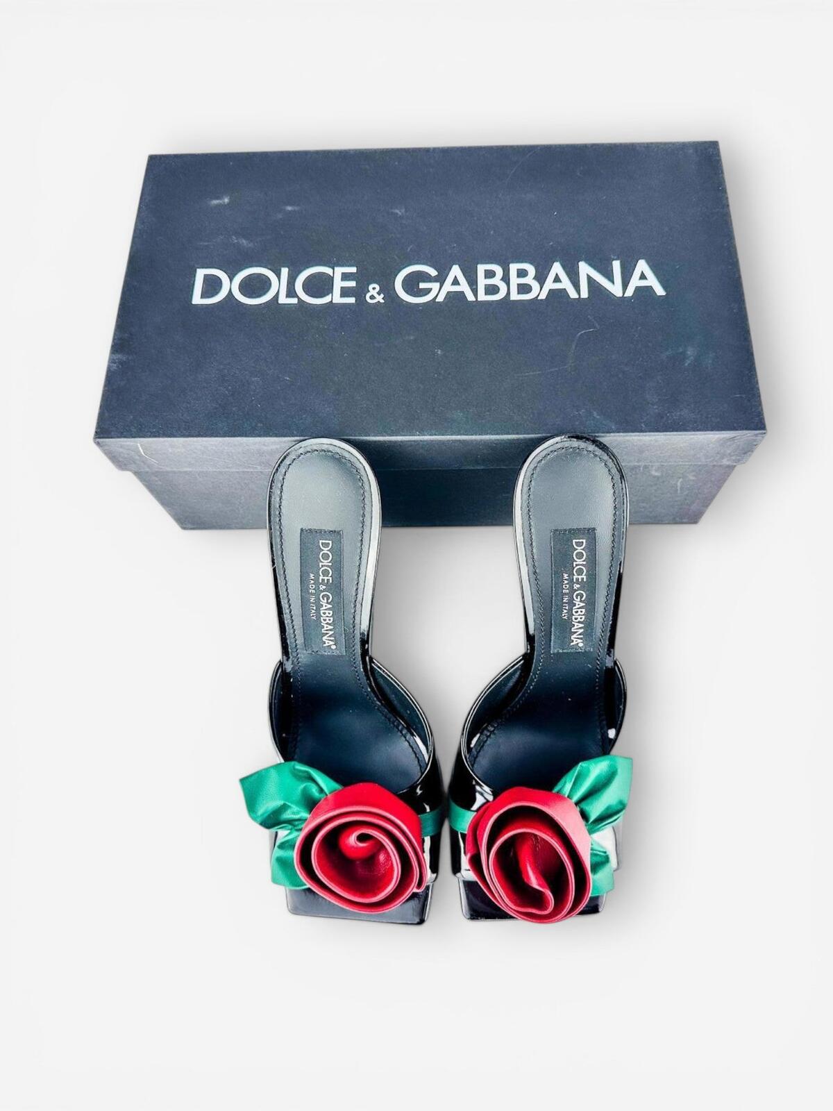 Dolce & Gabbana 3D Rose Floral Appliqué Patent Leather Mule EU 39 | NWT