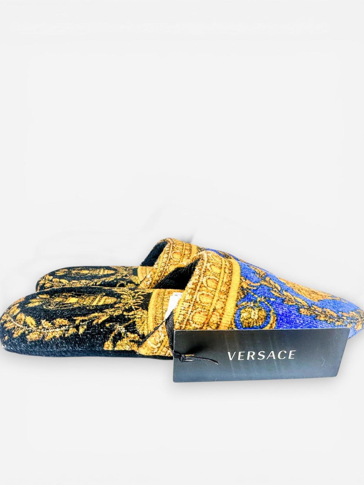 Versace Home Medusa Baroque Cotton Slippers Blue Gold EU 37 US 7 S | NWT