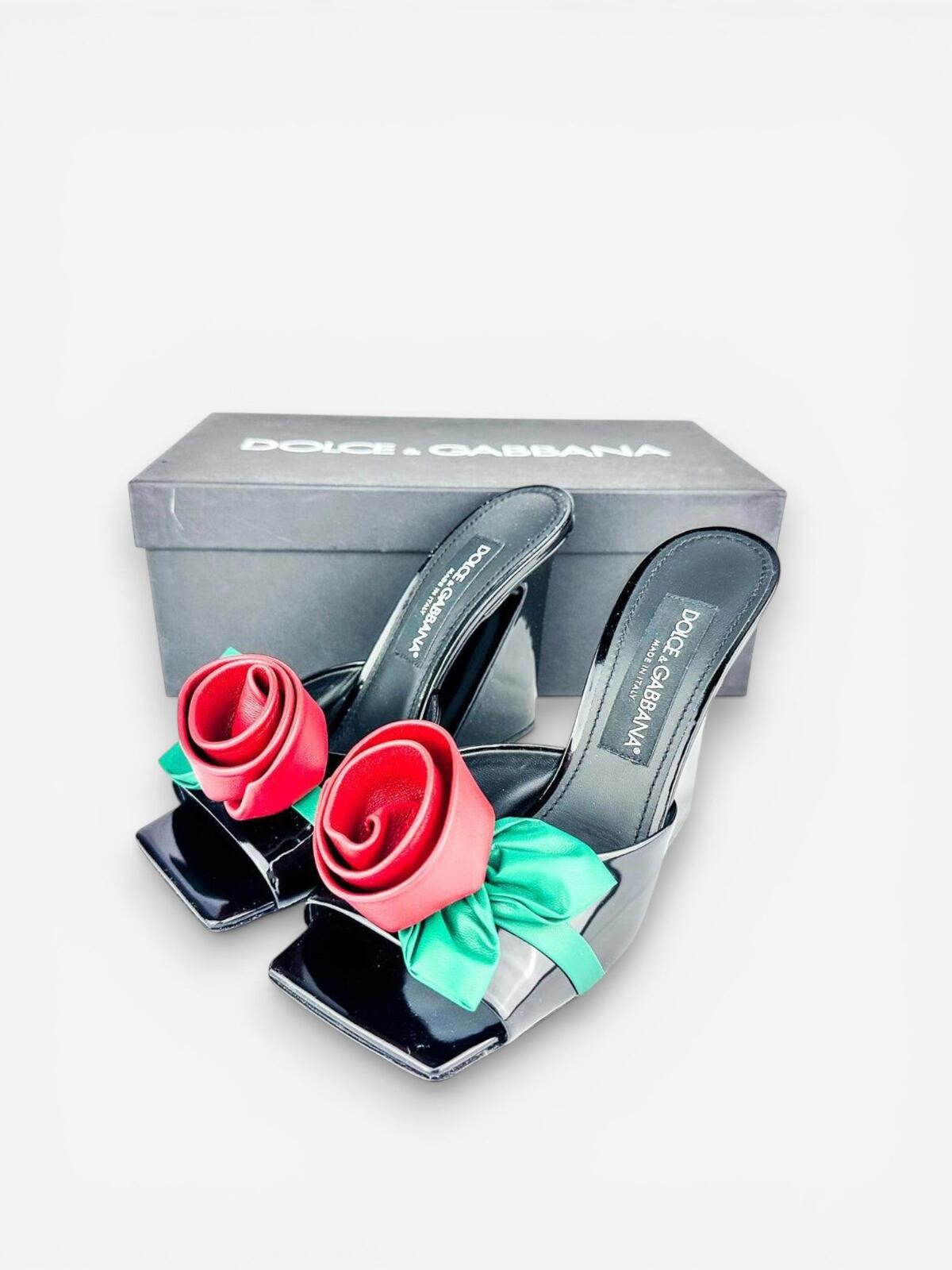 Dolce & Gabbana 3D Rose Floral Appliqué Patent Leather Mule EU 39 | NWT