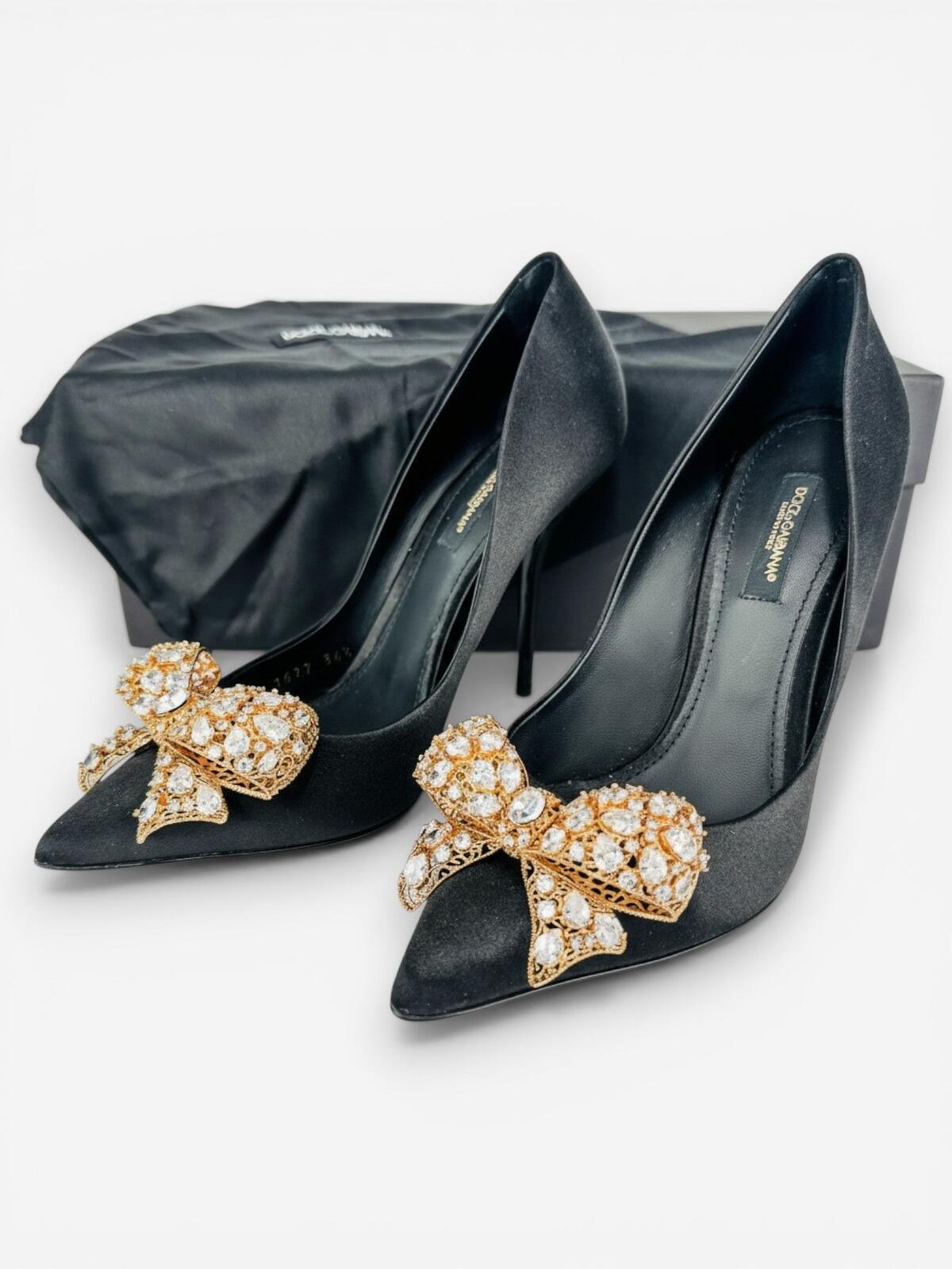 Dolce & Gabbana Crystal Bow Satin Pumps Black EU 36.5 US 6.5 | NIB