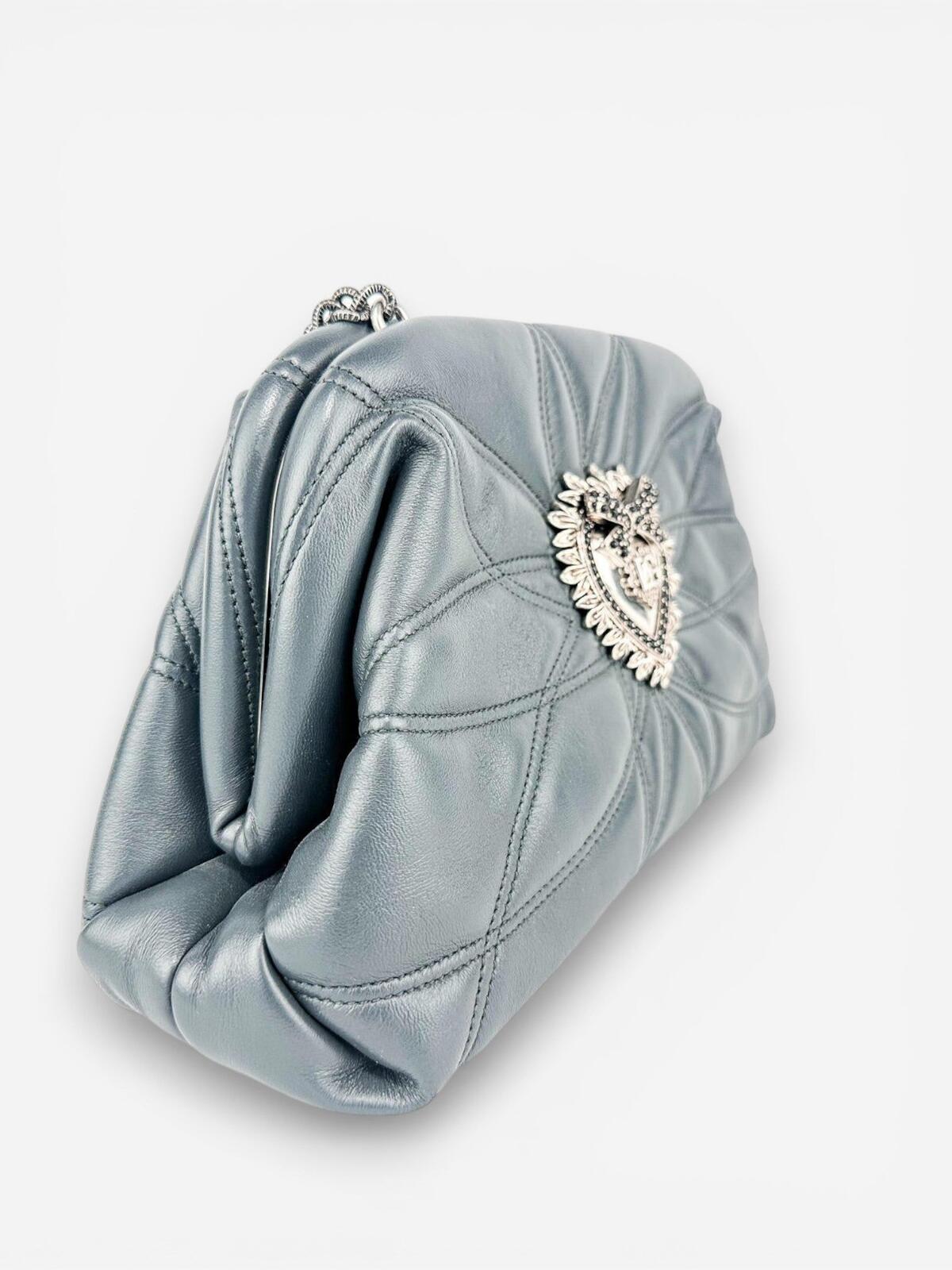 Dolce & Gabbana Devotion Quilted Leather Chain Shoulder Bag Heart Logo Gray