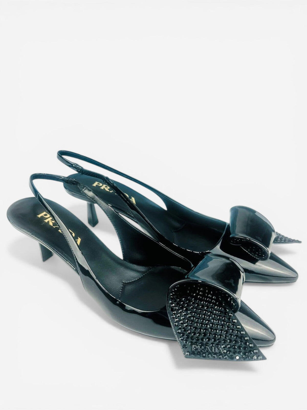 Prada Black Patent Leather Logo Bow Kitten Heel Slingback EU 36.5 | NIB