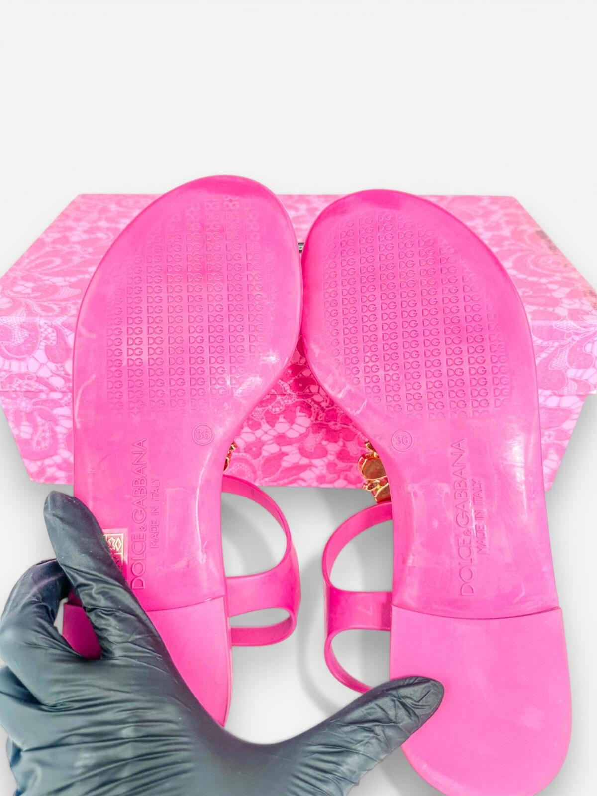 Dolce & Gabbana Fuchsia Crystal Flat Sandal Lace Print Footbed EU 36 US 6 New