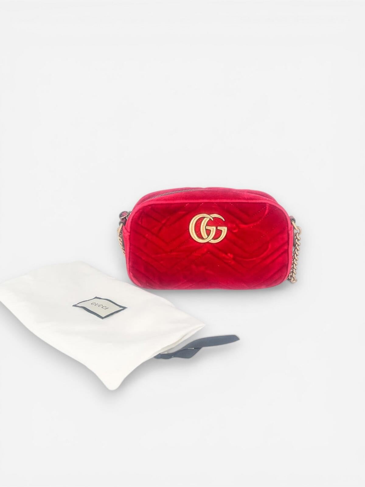 Gucci GG Marmont Red Velvet Camera Bag | Gold Hardware | New