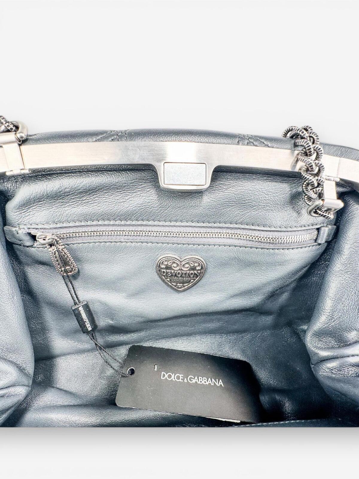 Dolce & Gabbana Devotion Quilted Leather Chain Shoulder Bag Heart Logo Gray