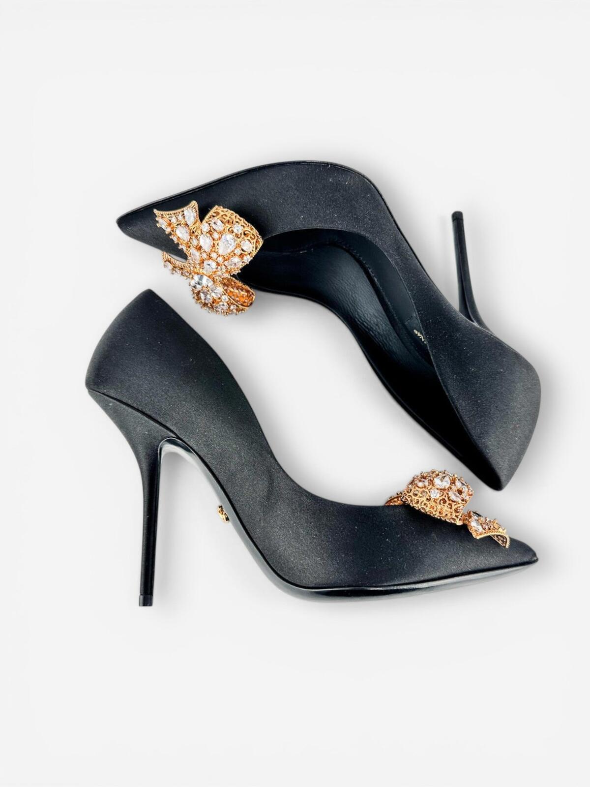 Dolce & Gabbana Crystal Bow Satin Pumps Black EU 36.5 US 6.5 | NIB