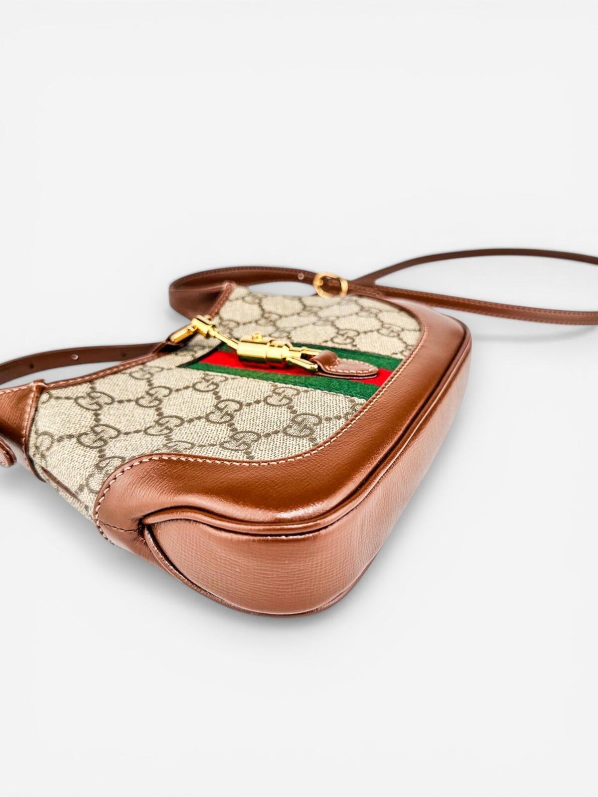 Gucci Jackie 1961 Mini GG Supreme Canvas Brown Web Stripe Bag | New