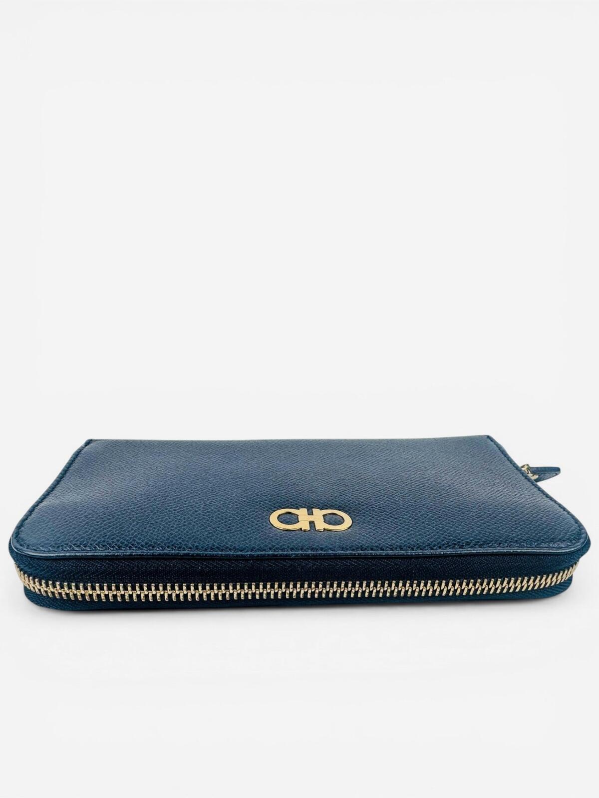 Salvatore Ferragamo Gancini Zip-Around Wallet Navy Leather Gold | New