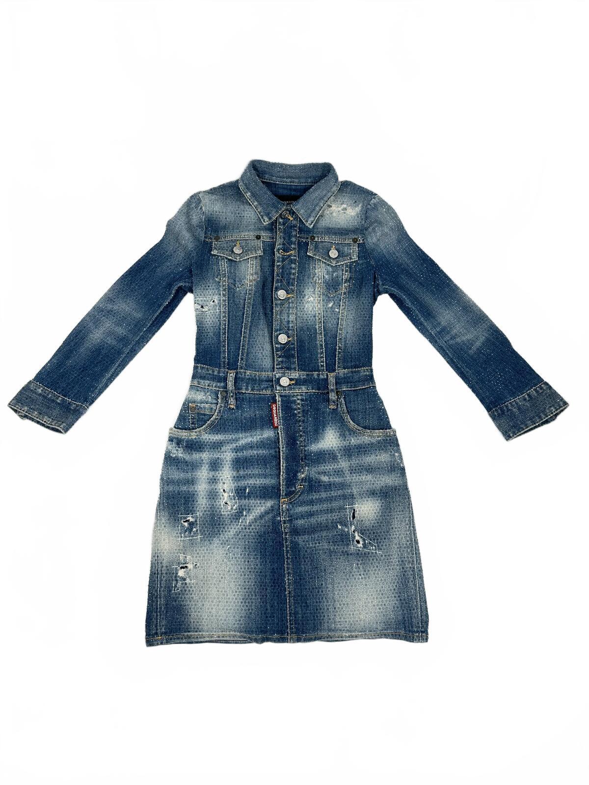 Dsquared2 Crystal Rhinestone Distressed Denim Mini Dress IT 38 EU 38 | NWT
