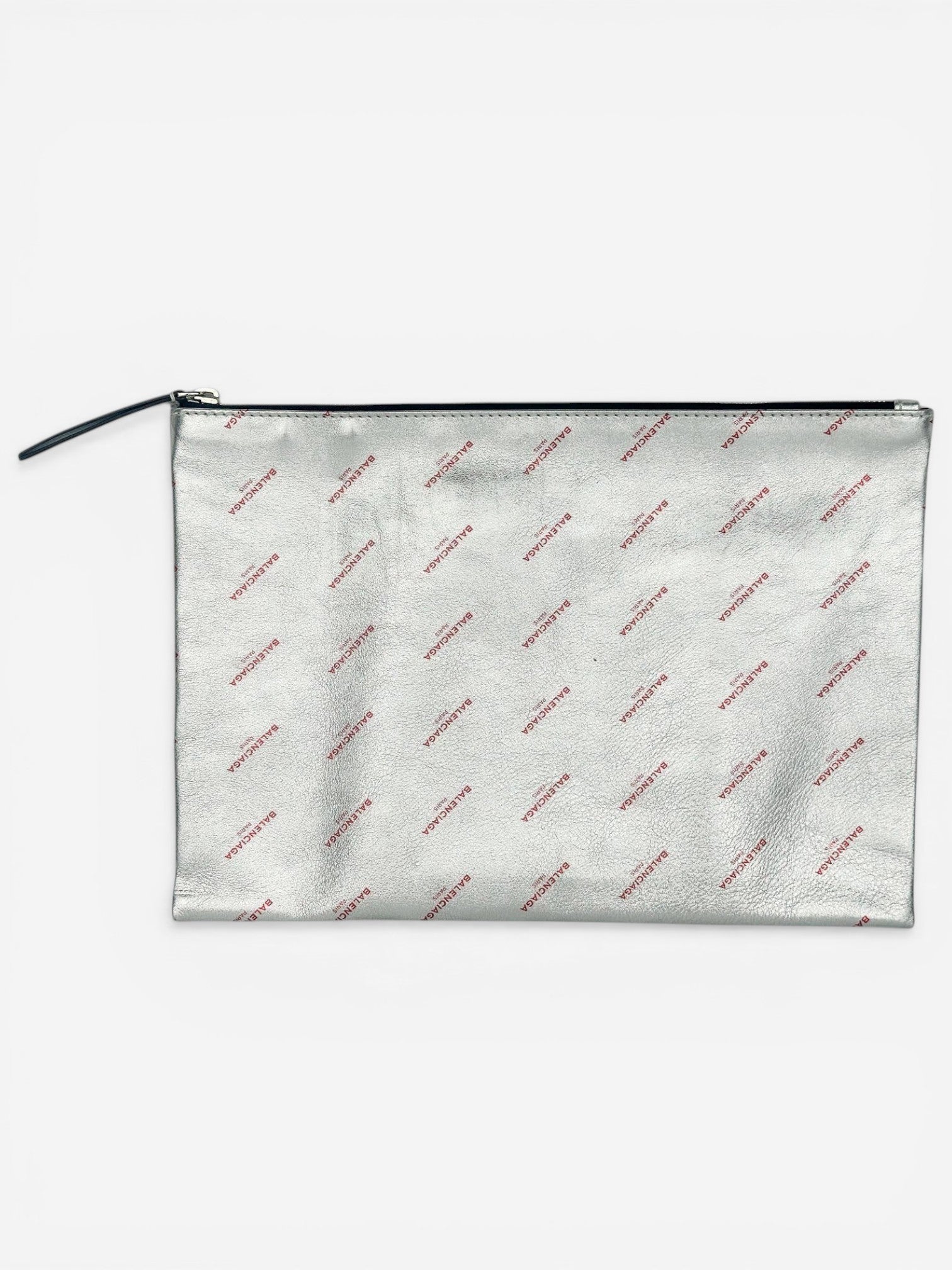 Balenciaga Metallic Silver Logo Leather Pouch – Like New