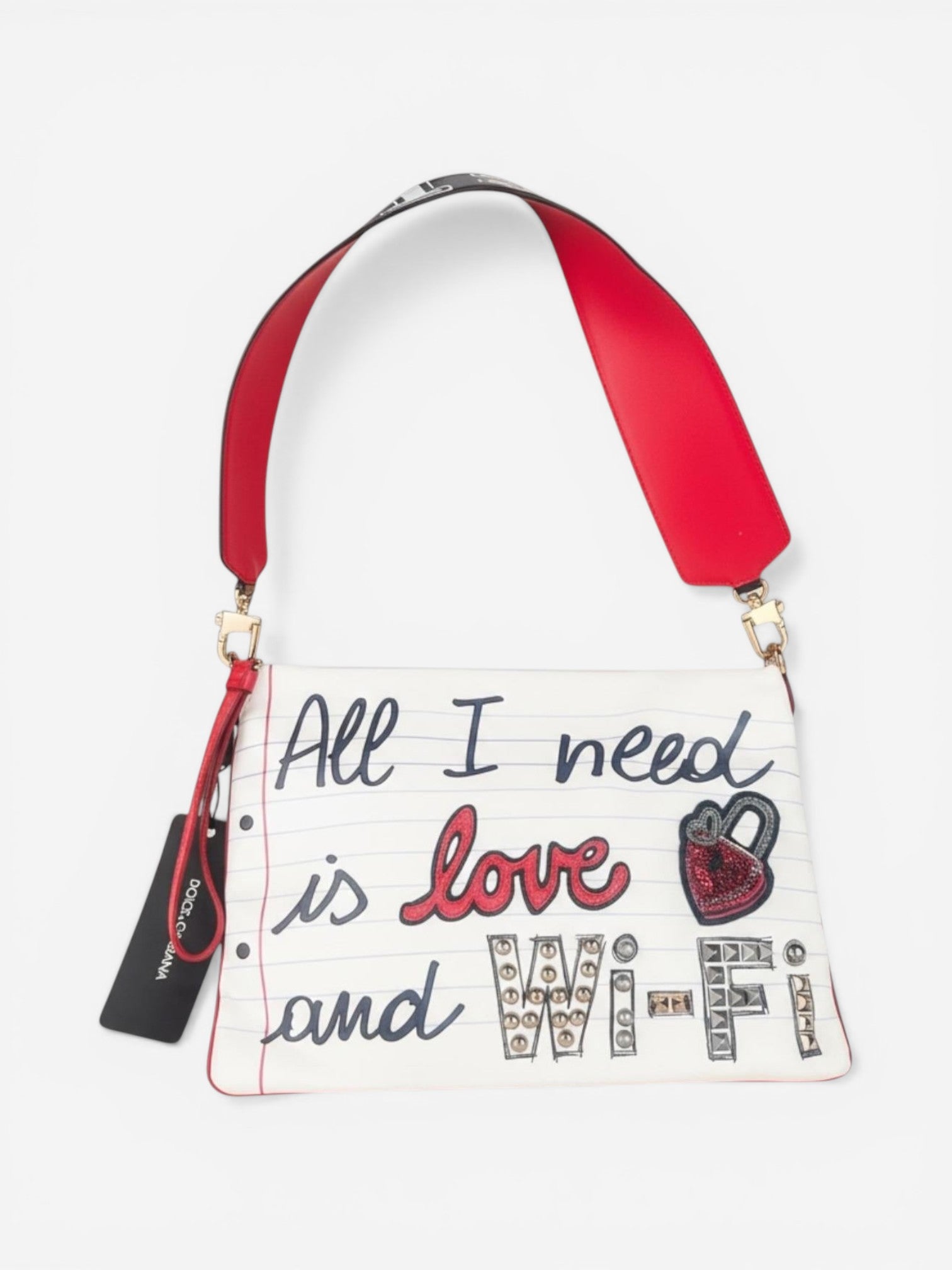 Dolce & Gabbana Cleo “All I Need Is Love & Wi‑Fi” Calfskin Shoulder Bag – White