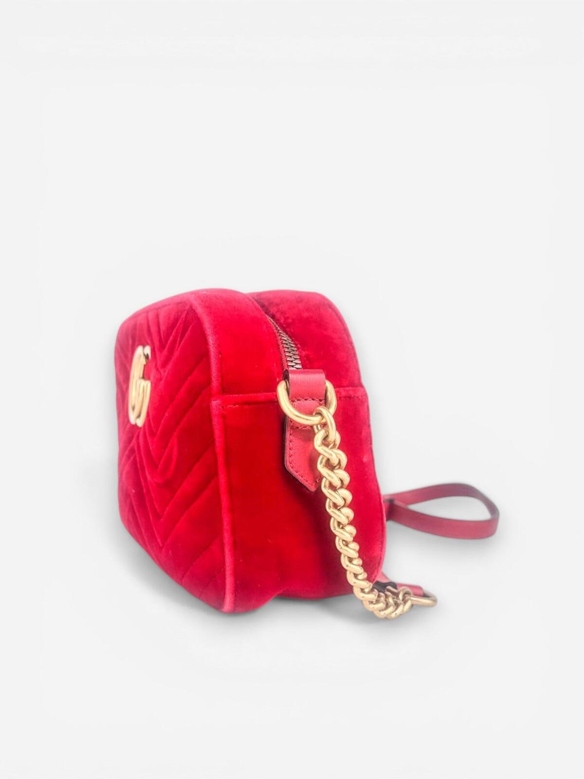 Gucci GG Marmont Red Velvet Camera Bag | Gold Hardware | New