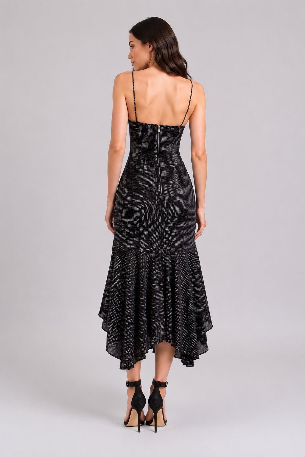 Alice + Olivia Alice + Olivia Ginger Polka Dot Asymmetrical Ruffle Midi Dress Black US 6 | NWT - Vestir