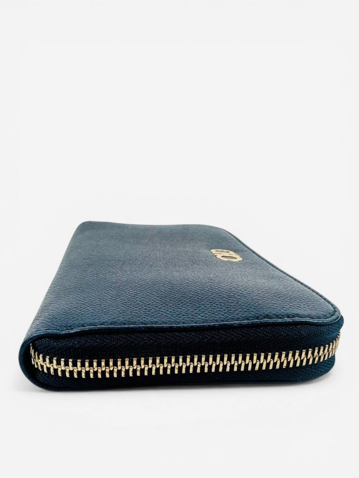 Salvatore Ferragamo Gancini Zip-Around Wallet Navy Leather Gold | New