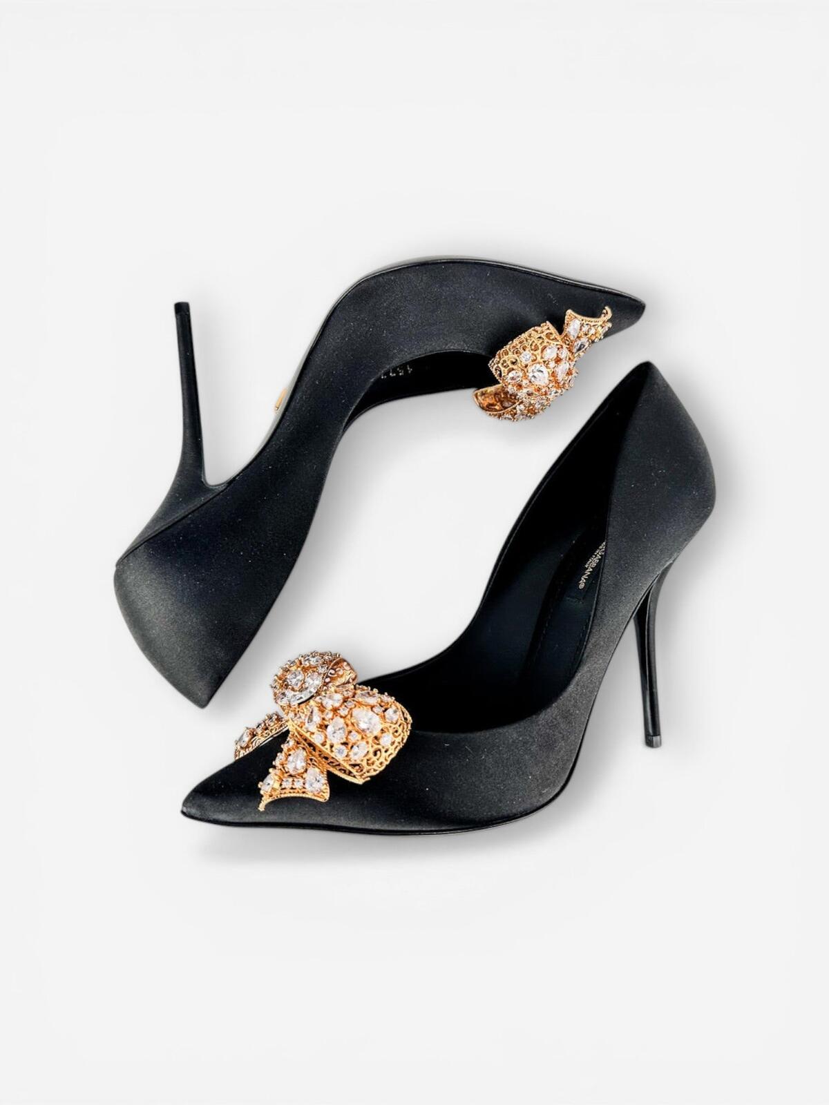 Dolce & Gabbana Crystal Bow Satin Pumps Black EU 36.5 US 6.5 | NIB