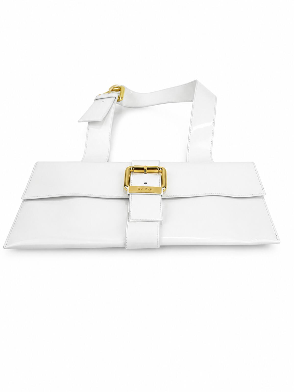 By FAR BY FAR Donna White Glossy Leather Shoulder Bag Gold Hardware M | NWT - Vestir