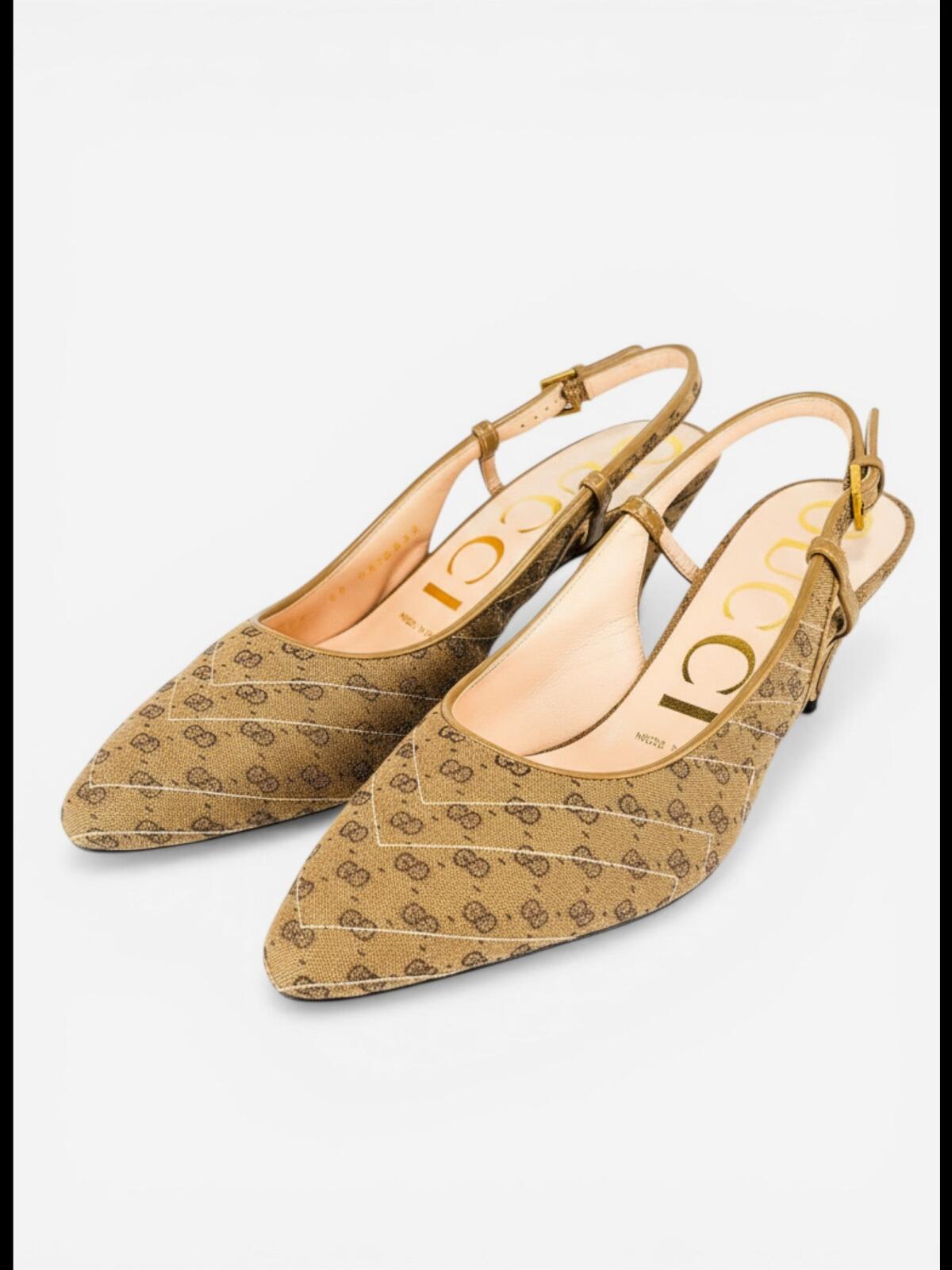 Gucci GG Marmont Canvas Slingback Pump Beige Ebony Gold EU 36 US 6 NIB
