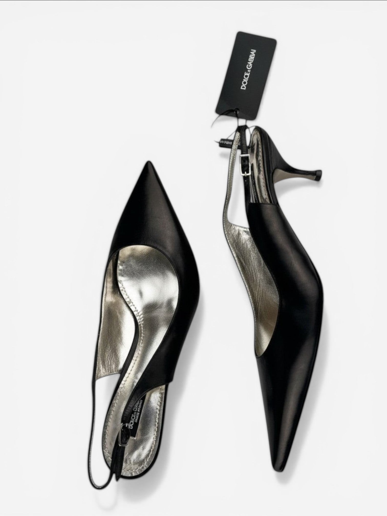Dolce & Gabbana Vero Cuoio Black Leather Slingback Pointed Toe Pumps EU 39.5 New