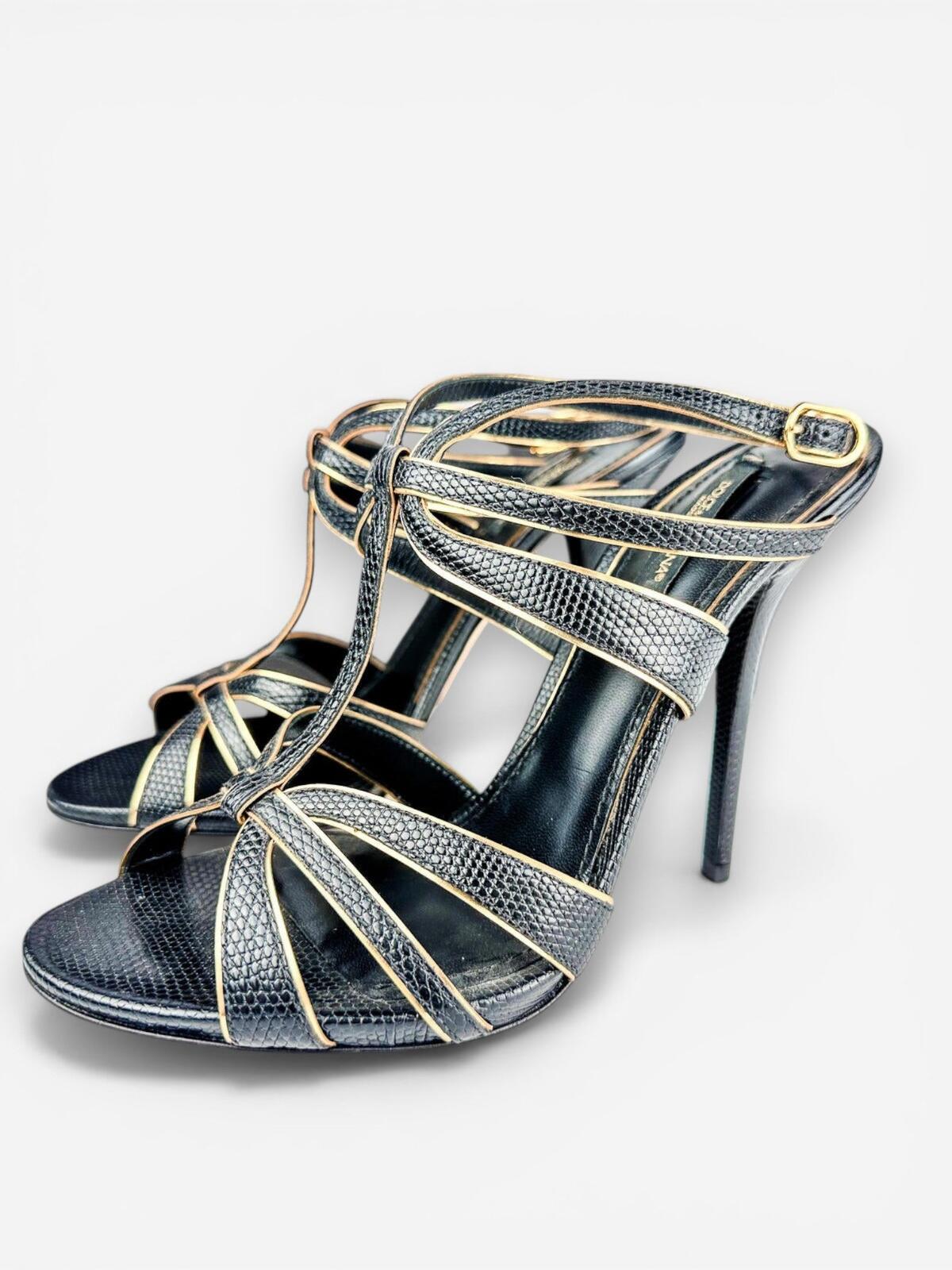 Dolce & Gabbana Dolce & Gabbana Black Gold Embossed Calfskin Ankle Strap Stiletto EU 39 | NWT - Vestir