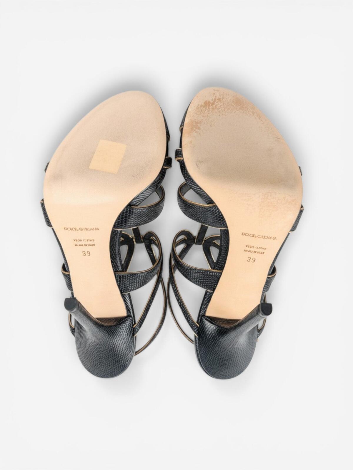 Dolce & Gabbana Dolce & Gabbana Black Gold Embossed Calfskin Ankle Strap Stiletto EU 39 | NWT - Vestir