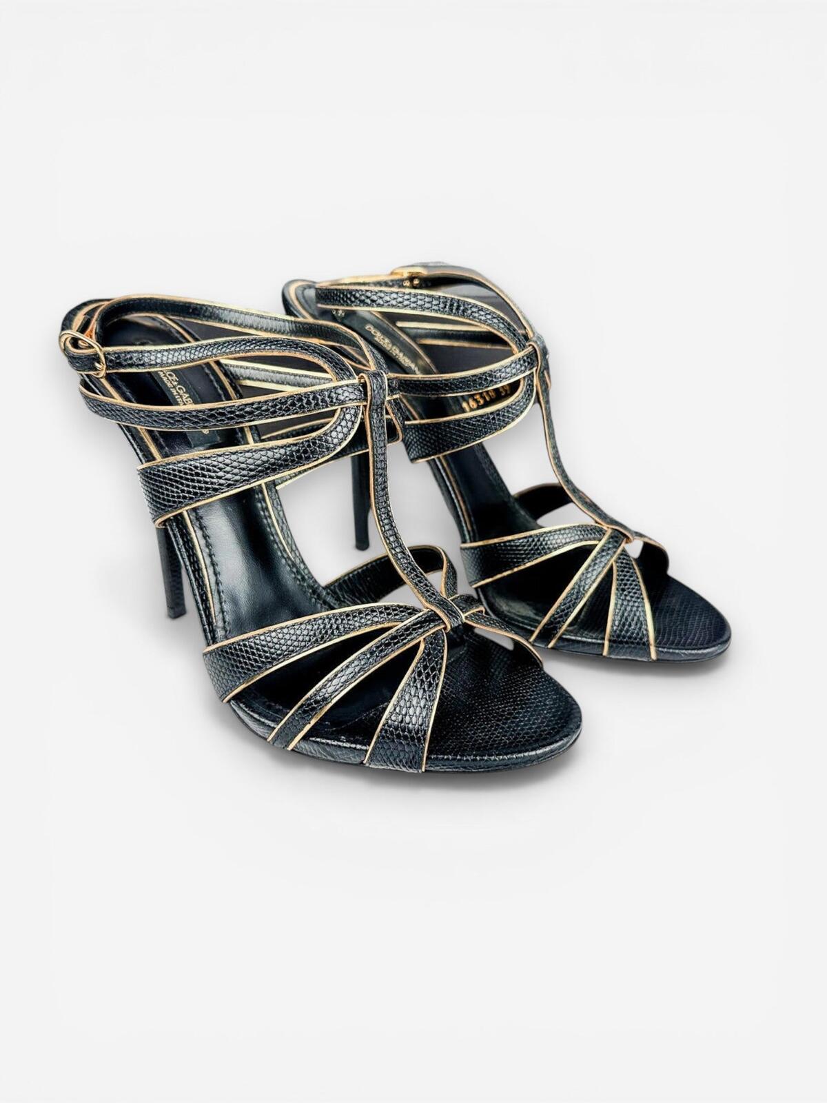 Dolce & Gabbana Dolce & Gabbana Black Gold Embossed Calfskin Ankle Strap Stiletto EU 39 | NWT - Vestir
