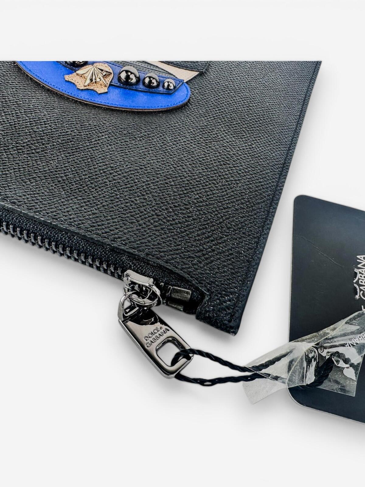 Dolce & Gabbana Dolce & Gabbana DGFamily Black Calfskin Zip Pouch Face Appliqué Studs NWT - Vestir