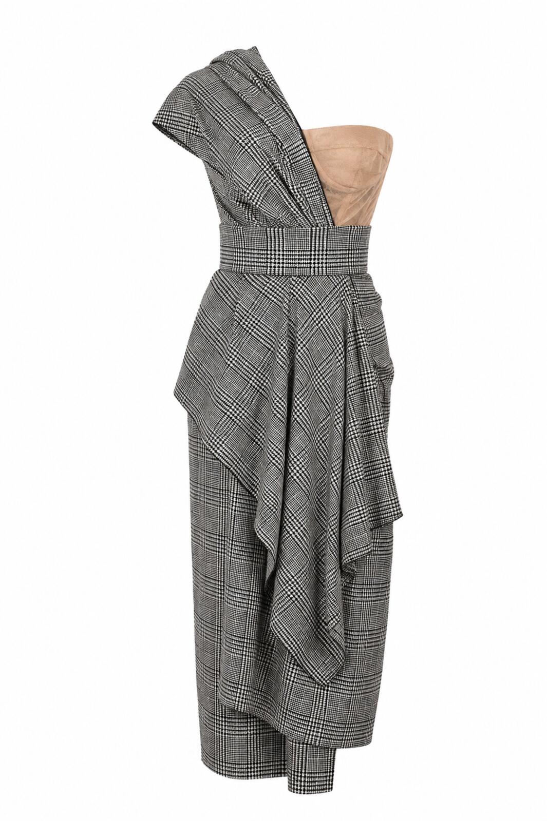 Dolce & Gabbana Dolce & Gabbana Glen Plaid One-Shoulder Bustier Midi Dress IT 40 US 4 | NWT - Vestir