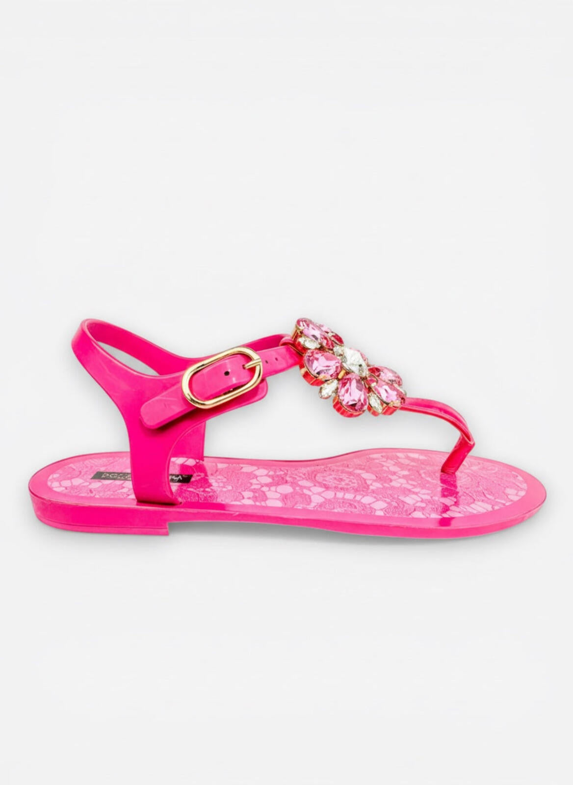Dolce & Gabbana Fuchsia Crystal Flat Sandal Lace Print Footbed EU 36 US 6 New