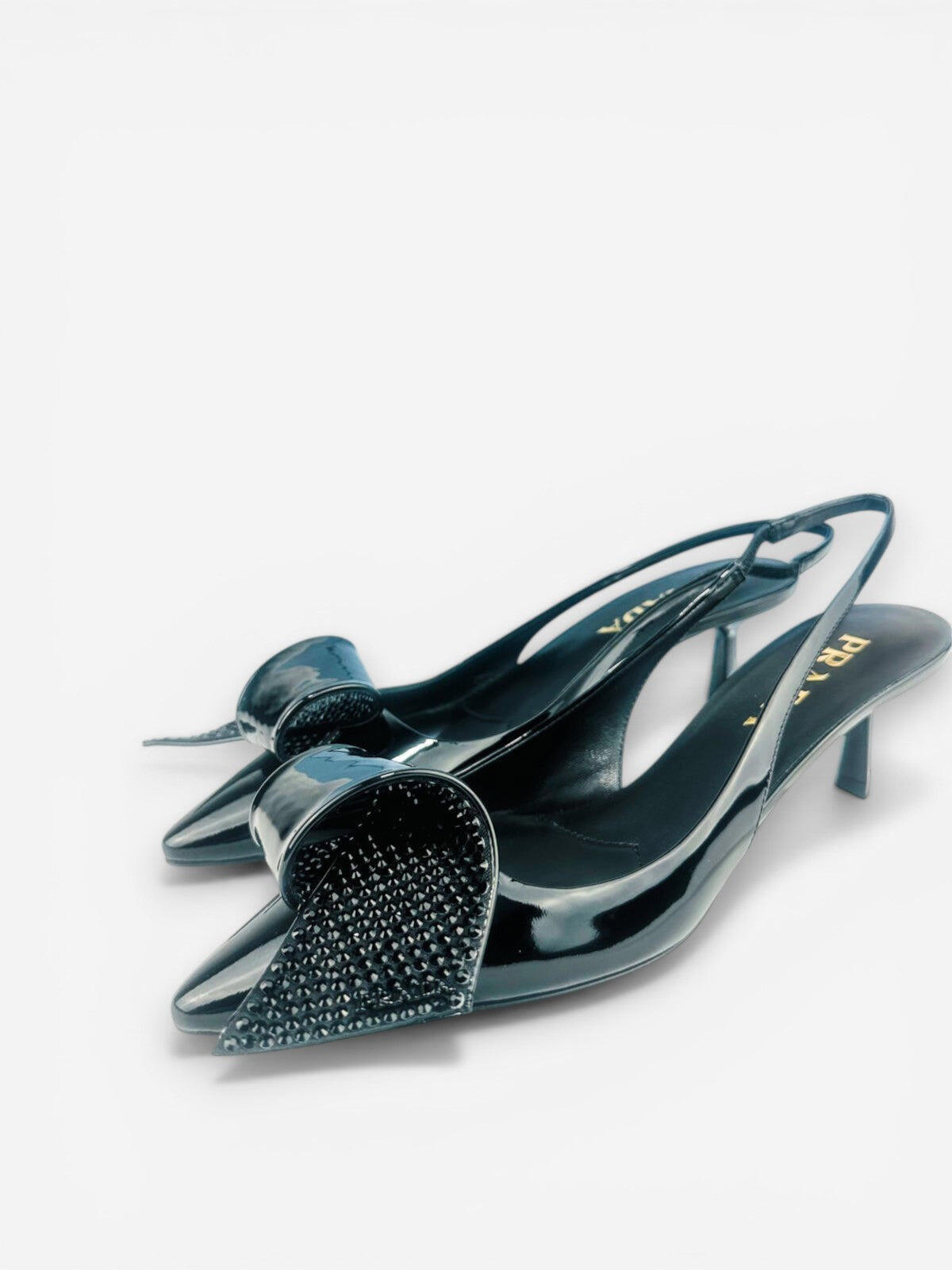 Prada Black Patent Leather Logo Bow Kitten Heel Slingback EU 36.5 | NIB