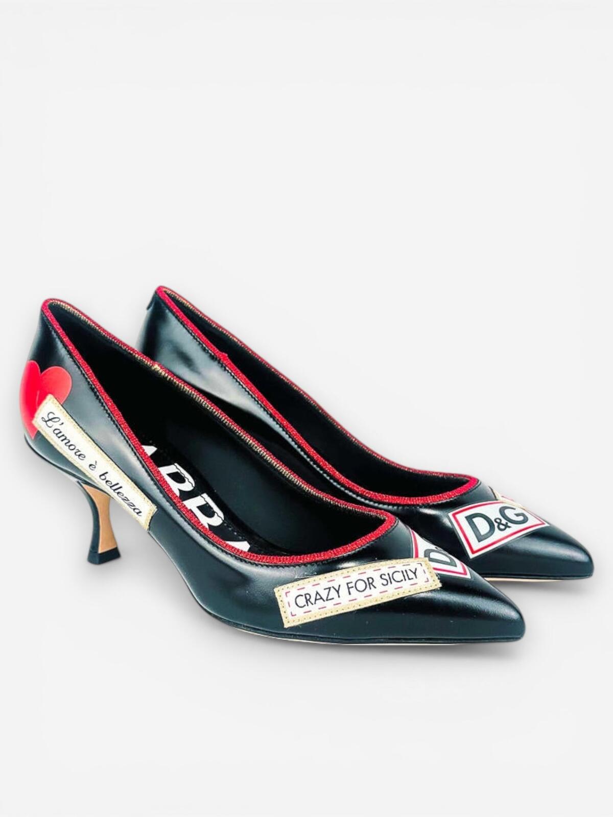 Dolce & Gabbana Lori Crazy for Sicily Patch Pump Black Red EU 35 US 5 | NIB