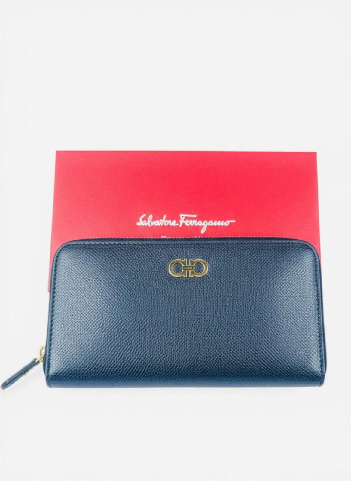Salvatore Ferragamo Gancini Zip-Around Wallet Navy Leather Gold | New