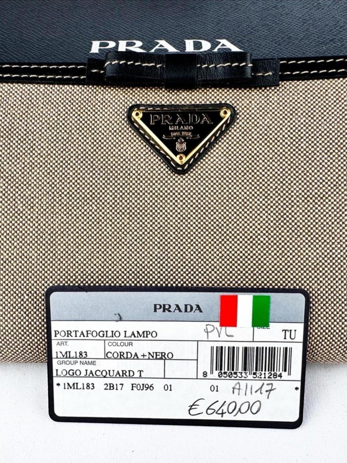 Prada Prada Logo Jacquard Canvas Leather Zip-Around Wallet Beige Black | NWT - Vestir