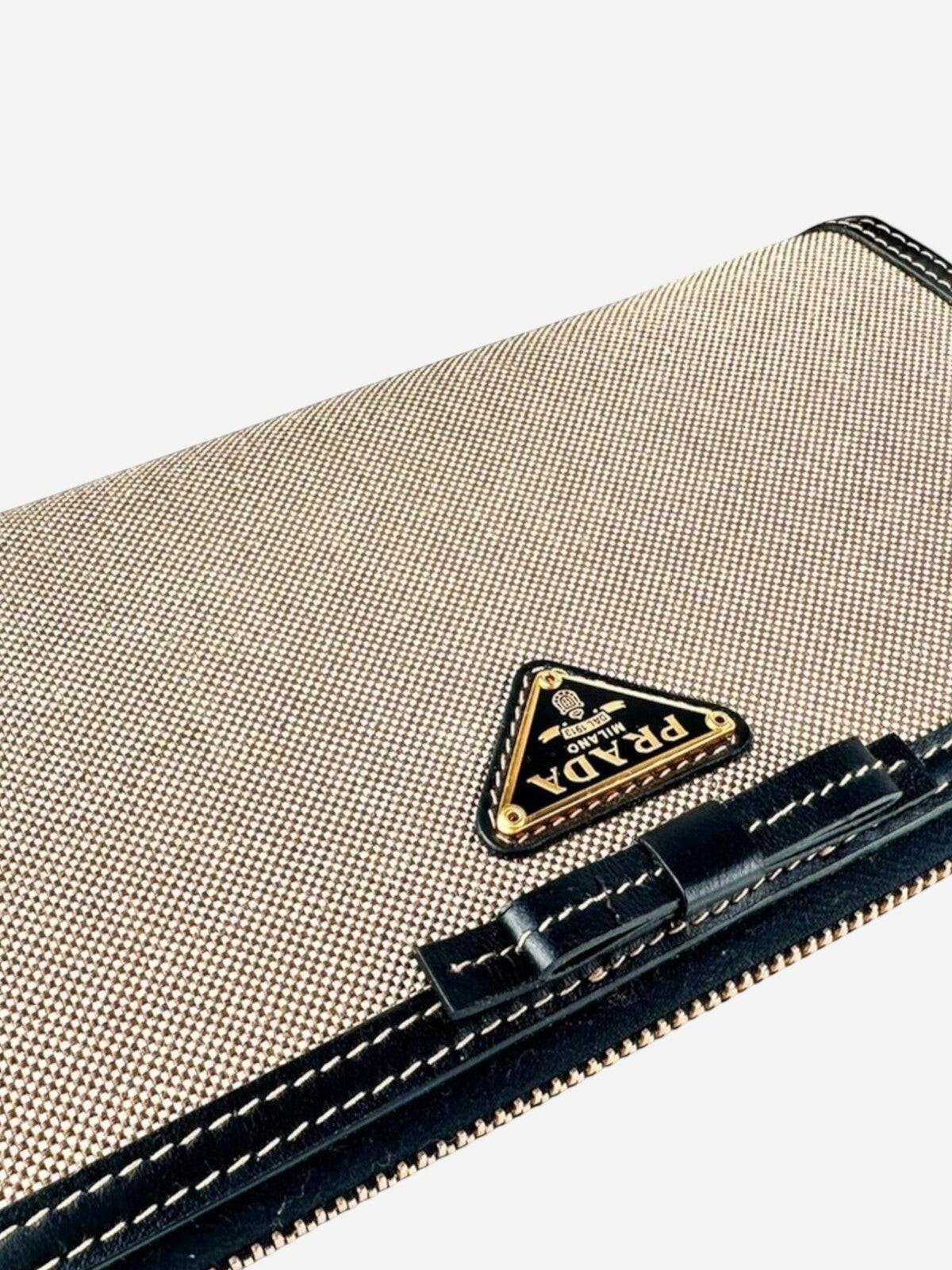 Prada Prada Logo Jacquard Canvas Leather Zip-Around Wallet Beige Black | NWT - Vestir