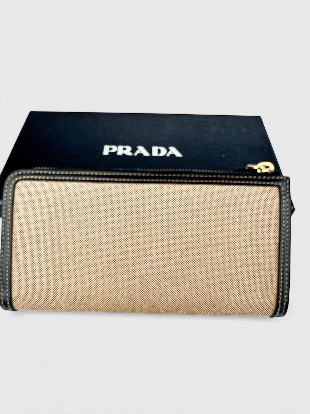 Prada Prada Logo Jacquard Canvas Leather Zip-Around Wallet Beige Black | NWT - Vestir