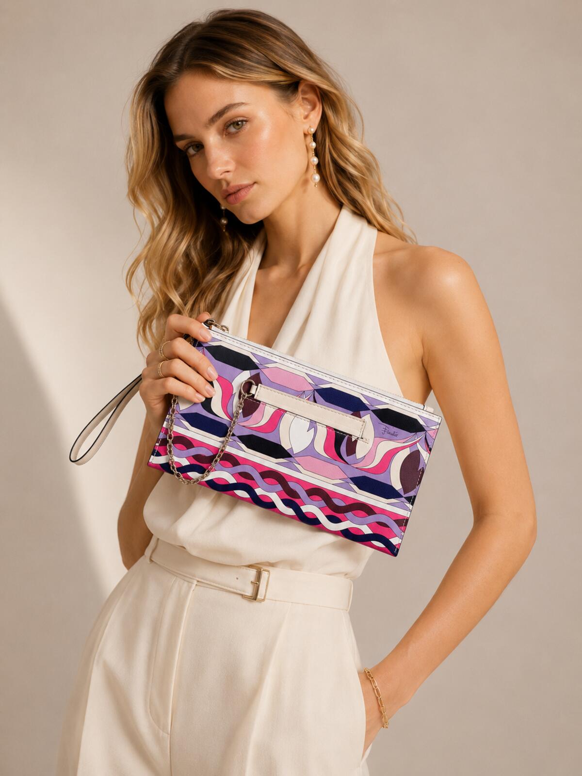 Emilio Pucci Pucci Geometric Print Leather Wristlet Clutch Pink Purple | Card Holder New - Vestir
