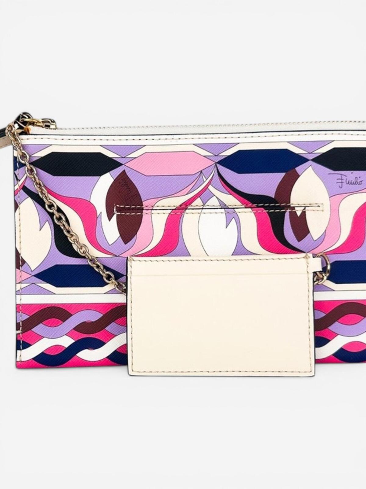 Emilio Pucci Pucci Geometric Print Leather Wristlet Clutch Pink Purple | Card Holder New - Vestir