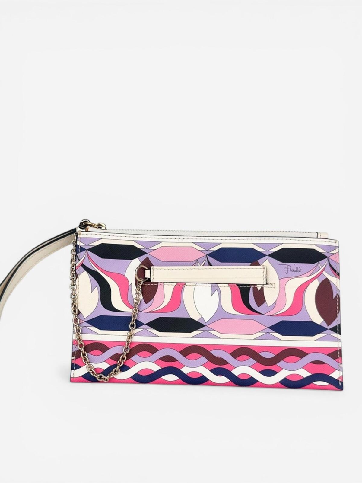 Emilio Pucci Pucci Geometric Print Leather Wristlet Clutch Pink Purple | Card Holder New - Vestir