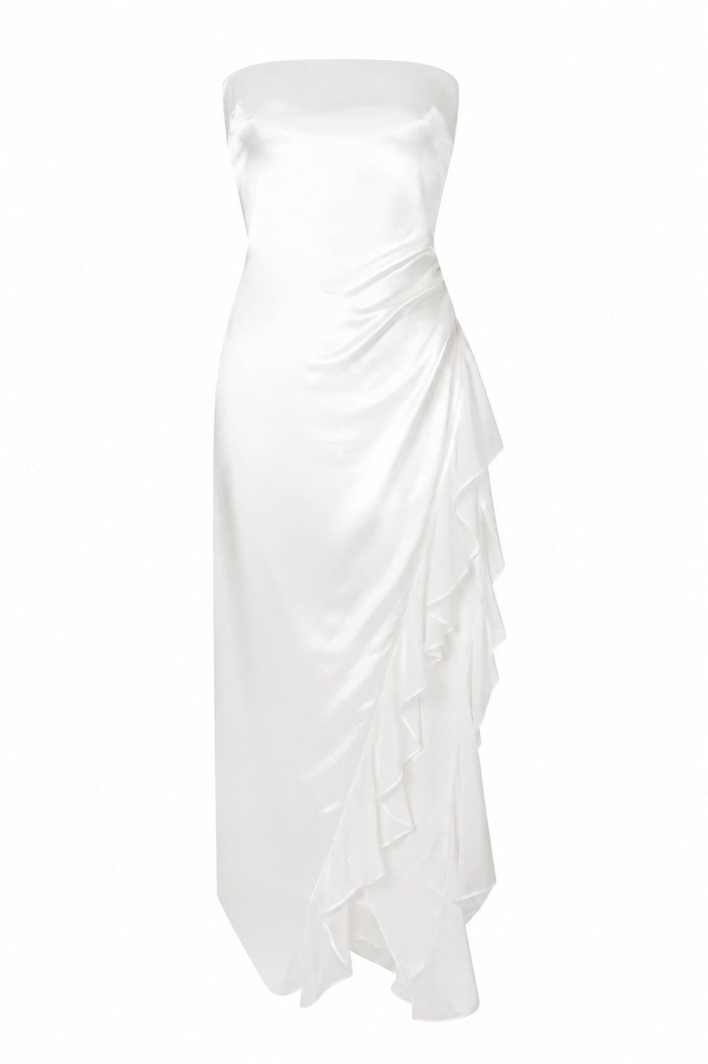 Retrofête Retrofête Lorelai Satin Midi Dress | White High Slit Ruffle | M | NWT - Vestir
