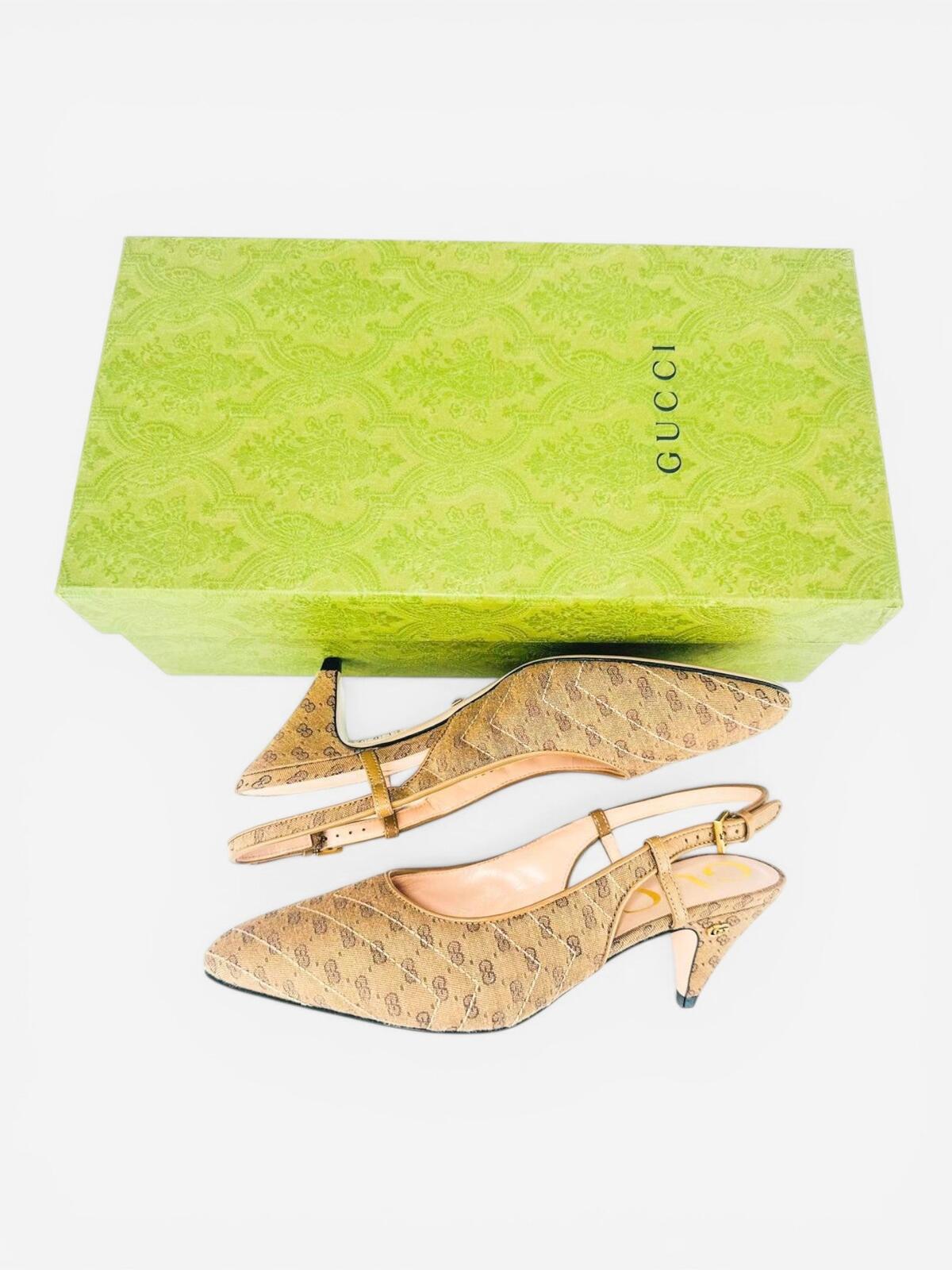 Gucci GG Marmont Canvas Slingback Pump Beige Ebony Gold EU 36 US 6 NIB