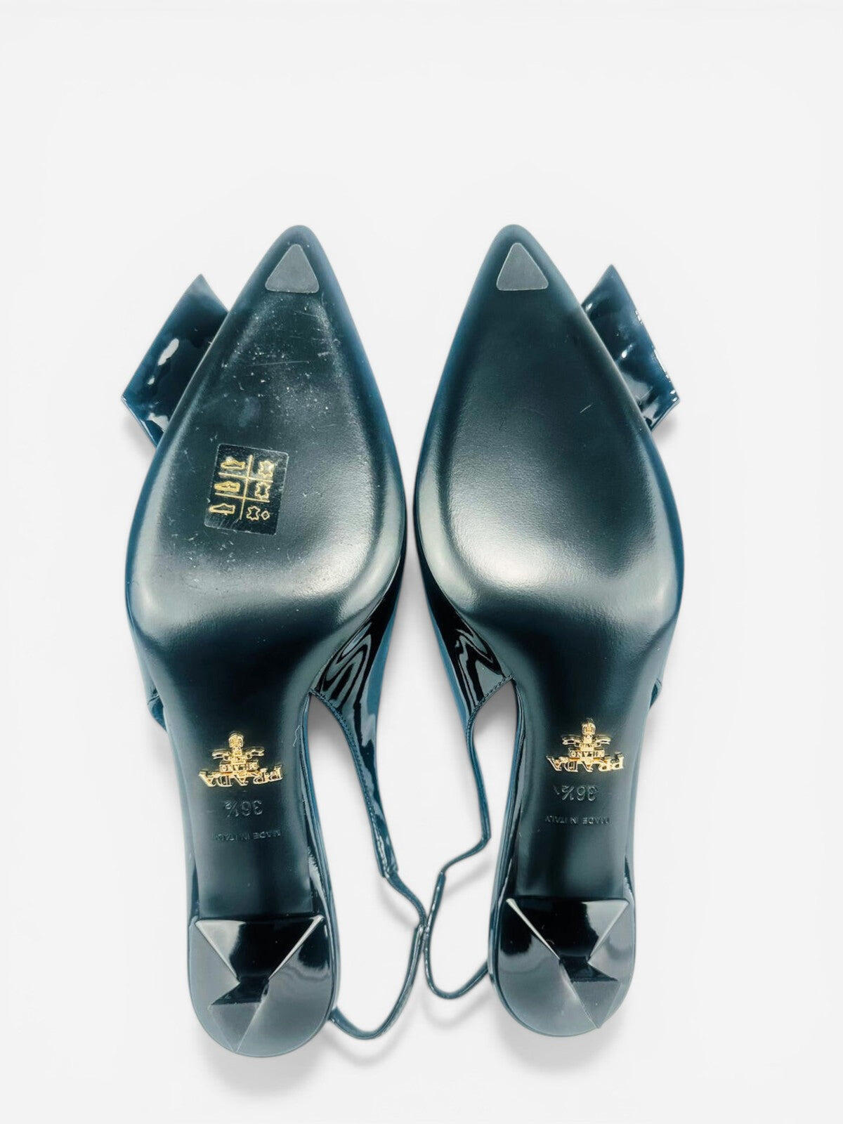 Prada Black Patent Leather Logo Bow Kitten Heel Slingback EU 36.5 | NIB