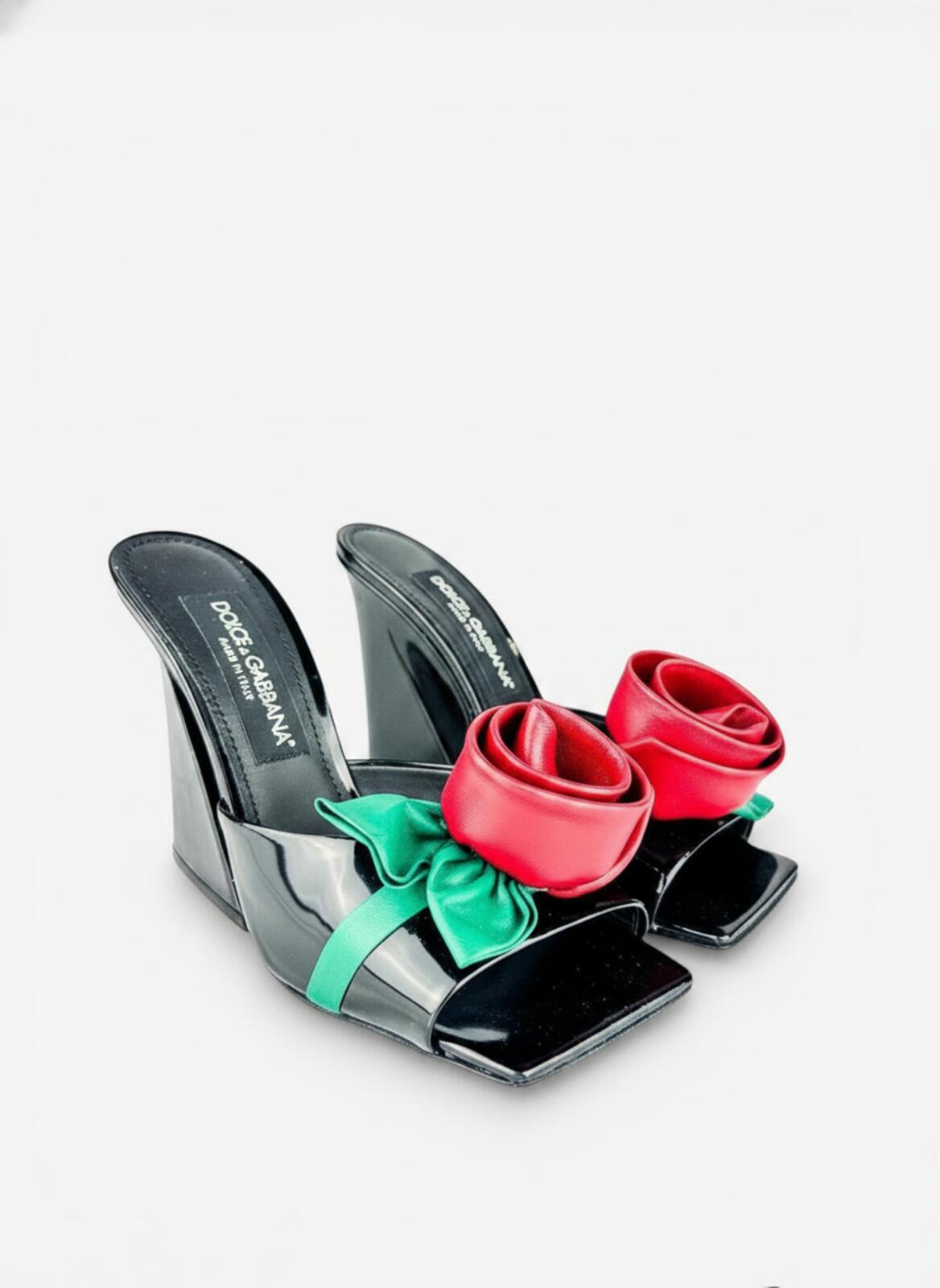 Dolce & Gabbana 3D Rose Floral Appliqué Patent Leather Mule EU 39 | NWT