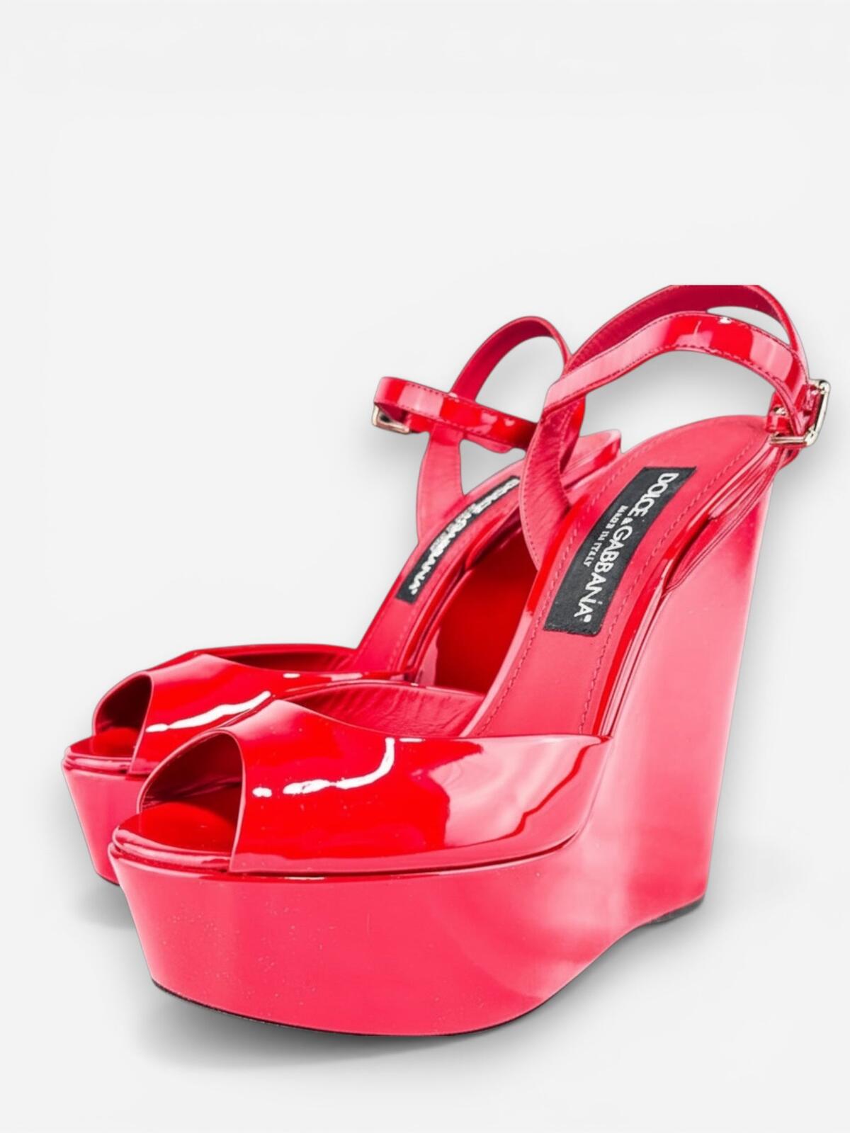 Dolce & Gabbana Red Patent Leather Platform Wedge Sandal EU 39 US 8 New
