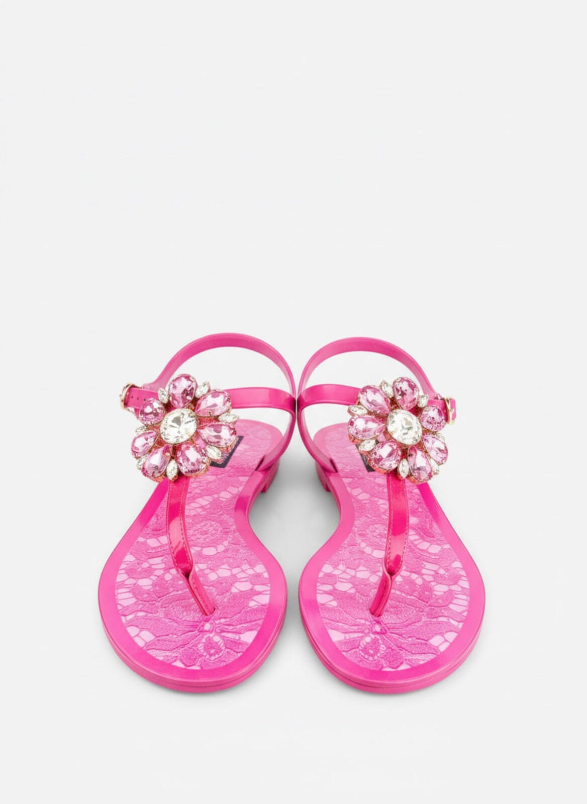 Dolce & Gabbana Fuchsia Crystal Flat Sandal Lace Print Footbed EU 36 US 6 New