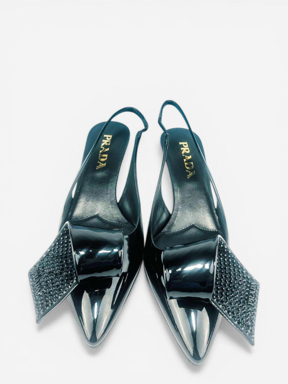 Prada Black Patent Leather Logo Bow Kitten Heel Slingback EU 36.5 | NIB