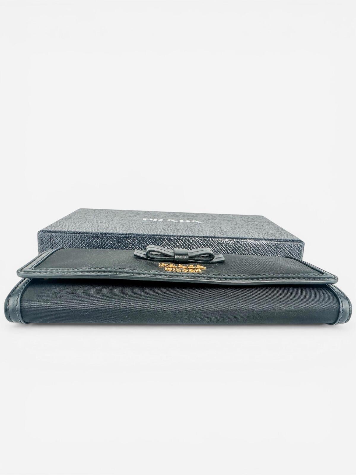 Prada Pattina Bow Wallet Black Tessuto Nylon & Leather | New w/ Box