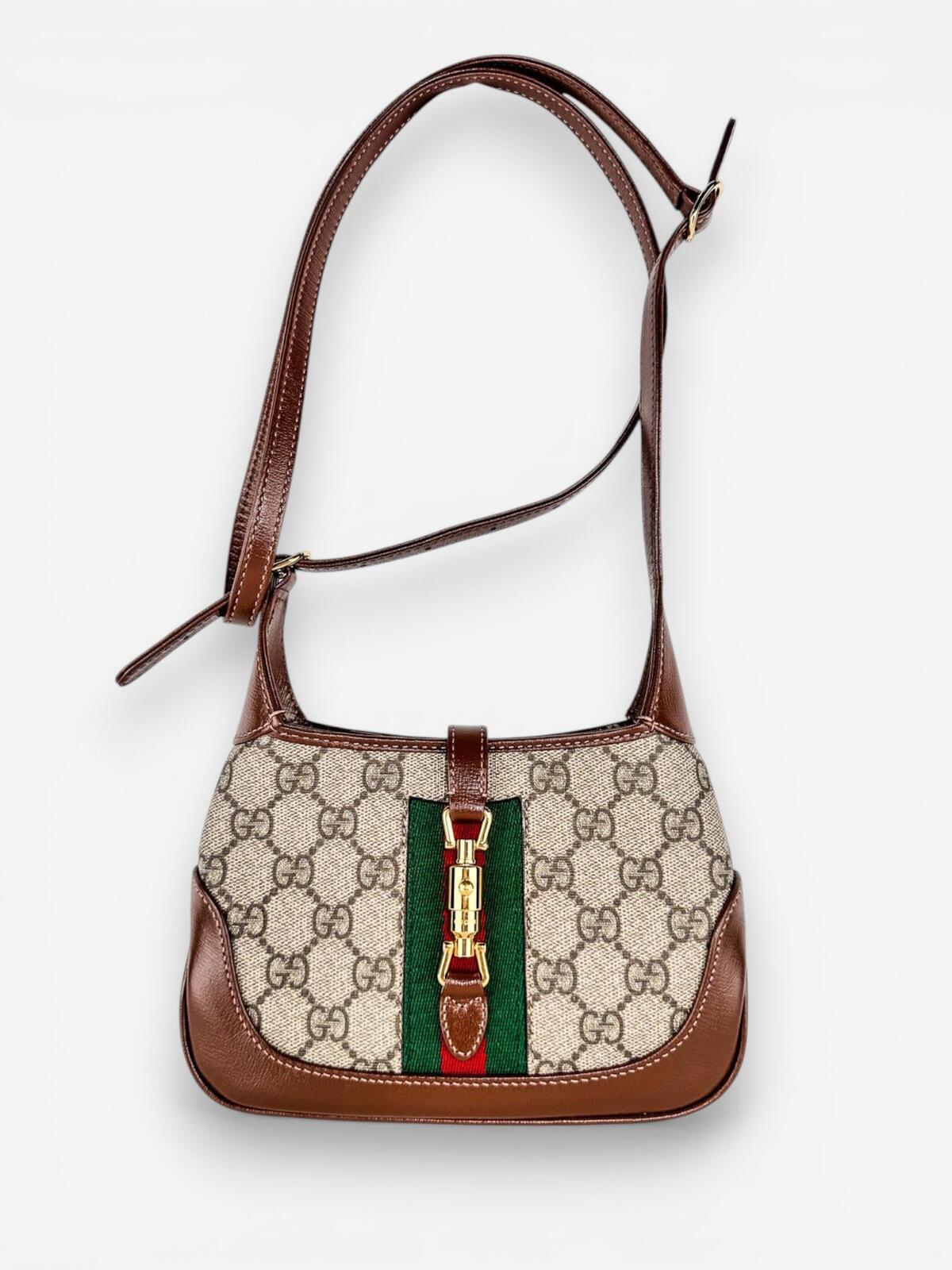 Gucci Jackie 1961 Mini GG Supreme Canvas Brown Web Stripe Bag | New
