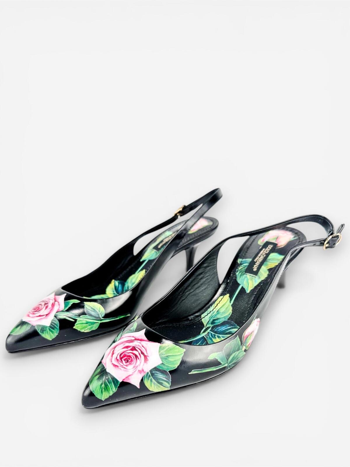 Dolce & Gabbana Lori Rose Floral Leather Slingback Pump EU 35 US 5 | New Rare
