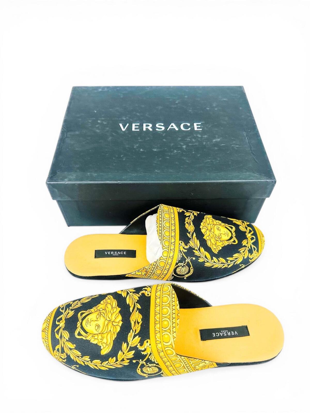 Versace Medusa Baroque Black Gold Satin Slippers EU 41 US 8 Men | NWT