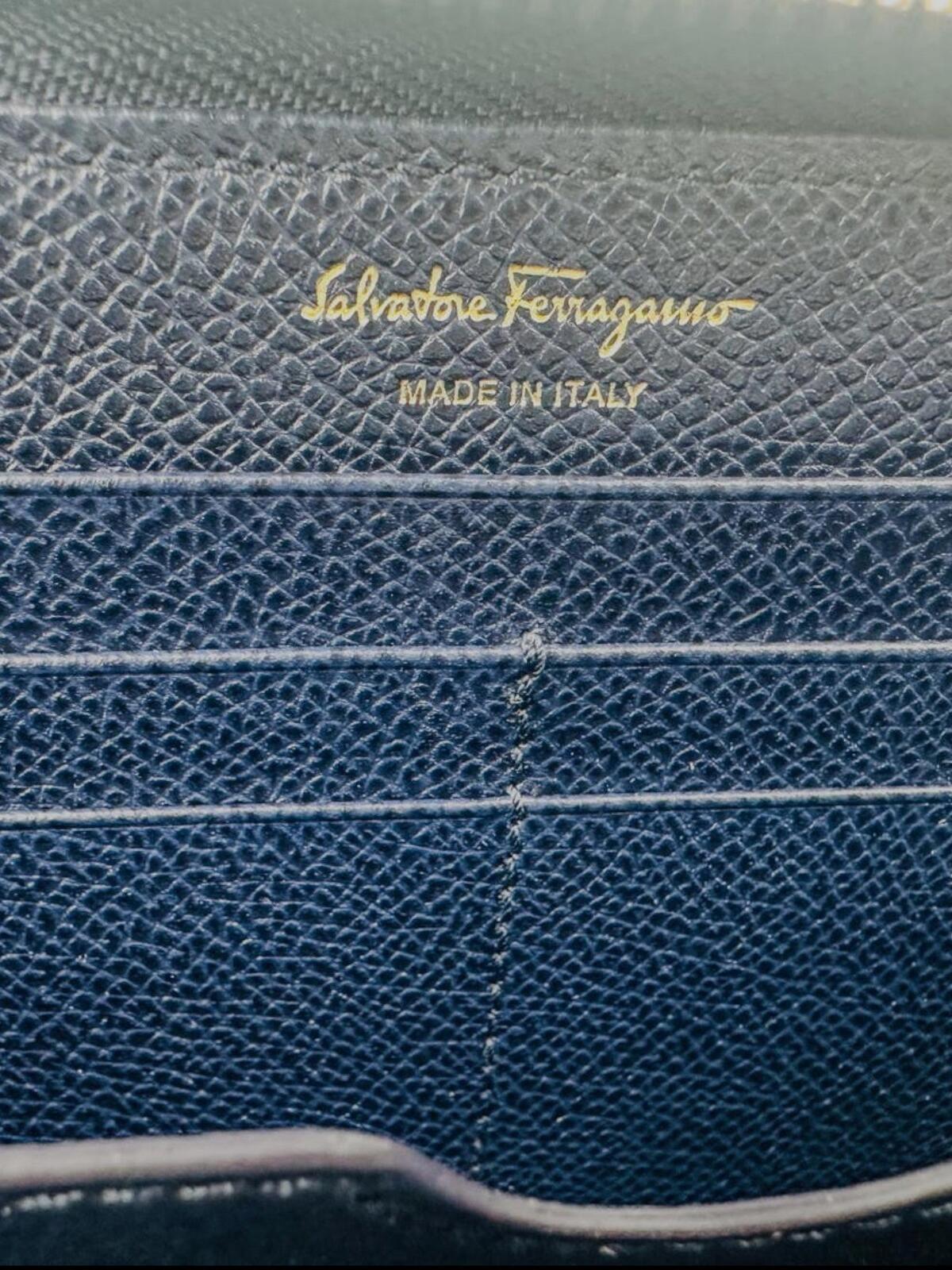 Salvatore Ferragamo Gancini Zip-Around Wallet Navy Leather Gold | New